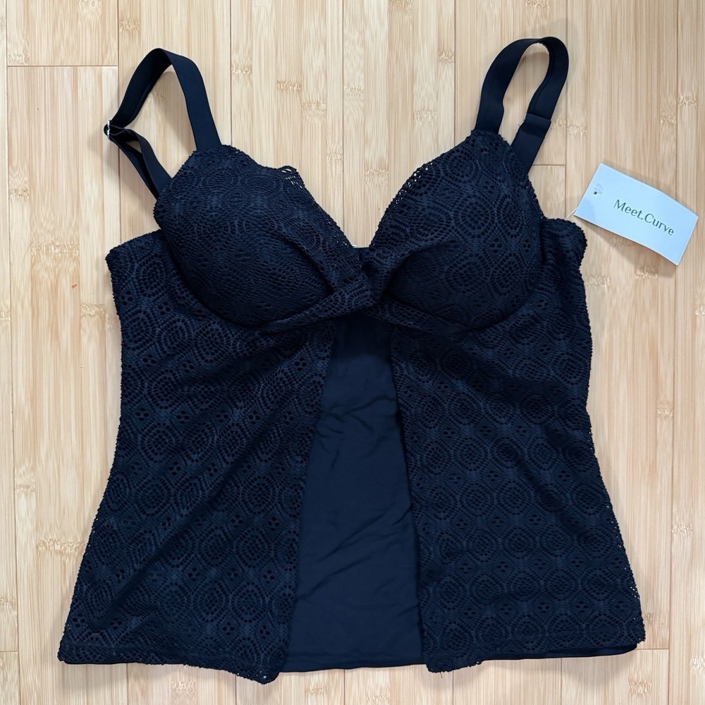 Meet Curve Tankini Top Swimsuit Crochet Lined Underwire Cups Black